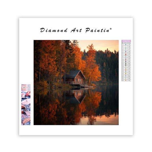 Cabin by the Autumn Lake - Diamond Painting