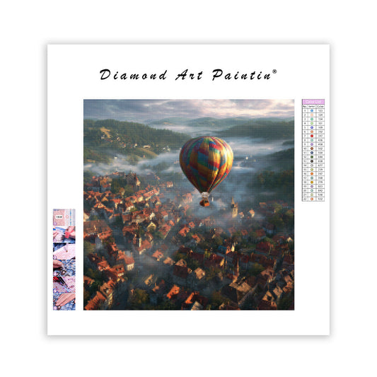 Balloon Over European Town - Diamond Painting