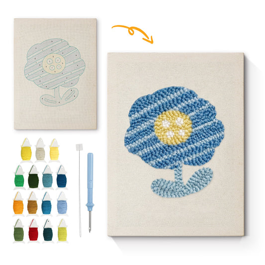 Blue and Yellow Flower with Soft Petals - Punch Needle