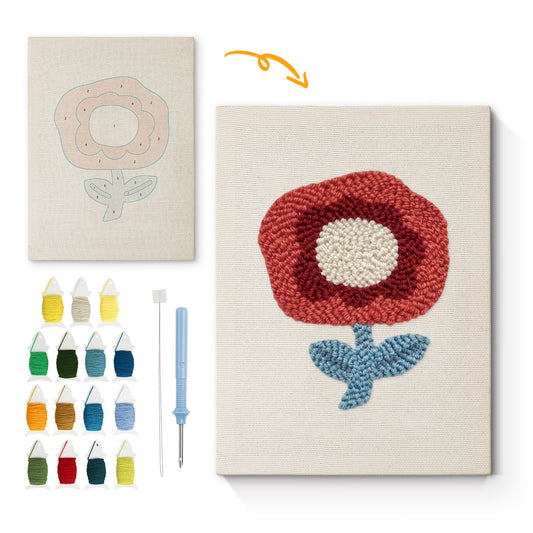 Red Flower with Blue Leaves - Punch Needle