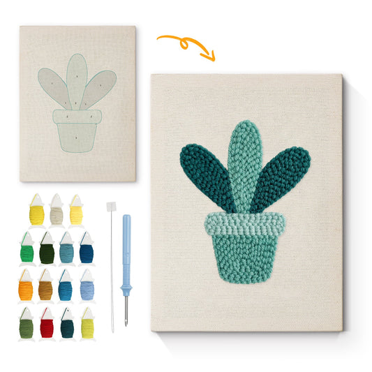 Blue Cactus in Pot - Punch Needle