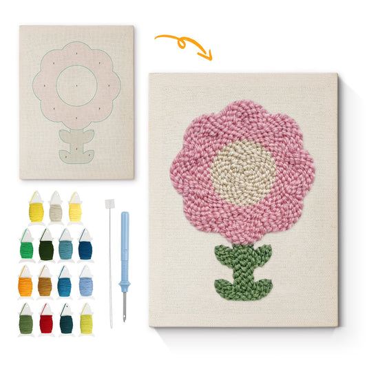 Soft Pink Flower with Green Leaves - Punch Needle