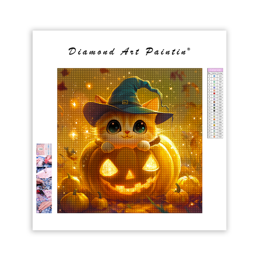 Pumpkin Cat With Hat - Diamond Painting