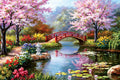 Cherry Tree Bridge River Flowers - Diamond Painting