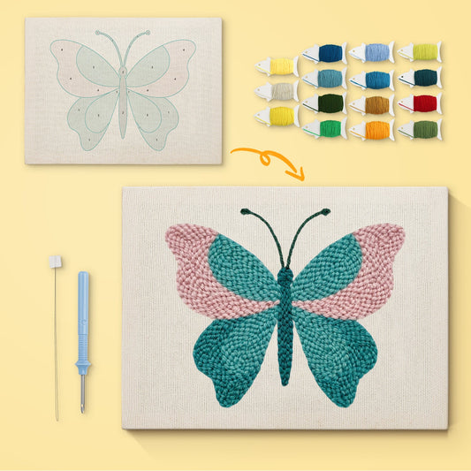 Teal & Pink Butterfly - Punch Needle