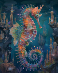 Coral seahorse surrounded by colorful reef details in diamond art