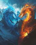 Frostfire drake surrounded by icy blue and fiery red effects