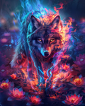 Wolf surrounded by lotus flowers and flames in diamond art