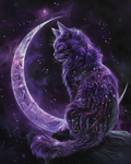Cat surrounded by glowing violet flames in diamond art