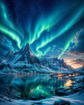 Northern landscape beneath colorful aurora lights in diamond art