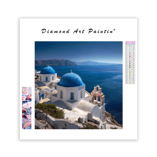 Santorini Blue Dome View - Diamond Painting