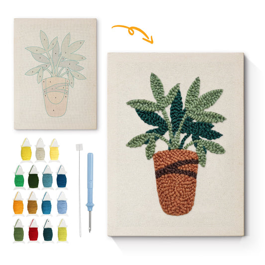 Lush Green Leaves in Pot - Punch Needle