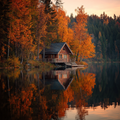 Cabin by the Autumn Lake - Diamond Painting