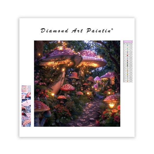 Whimsical Garden with Giant Mushrooms - Diamond Painting