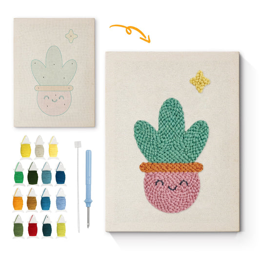 Happy Cactus with Stars - Punch Needle