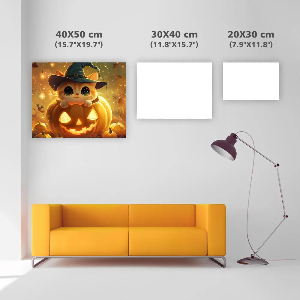 Pumpkin Cat With Hat - Diamond Painting