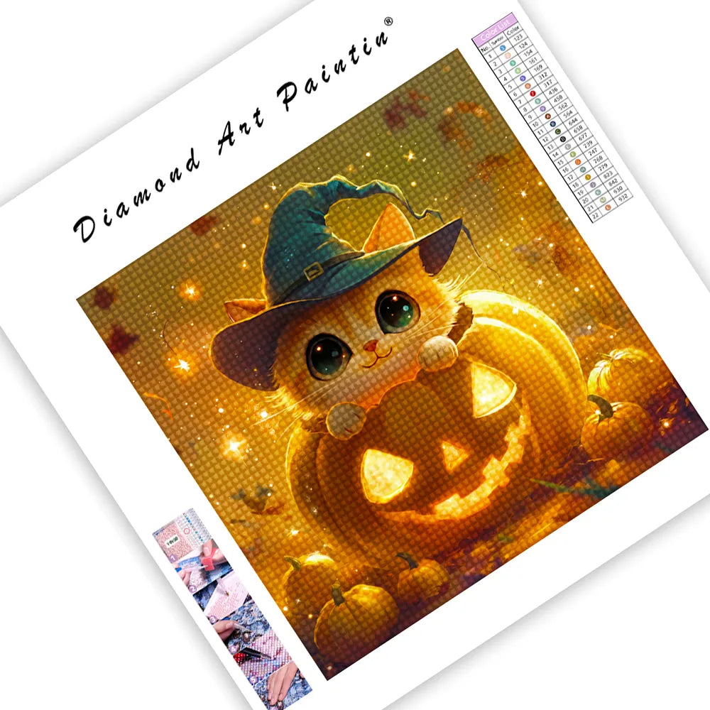 Pumpkin Cat With Hat - Diamond Painting