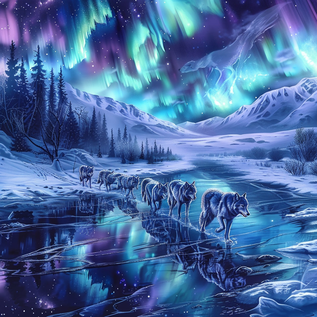 Migrating Wolves in the Aurora - Diamond Painting