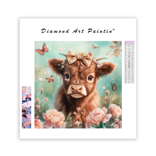 Adorable Highland Calf with Flowers - Diamond Painting