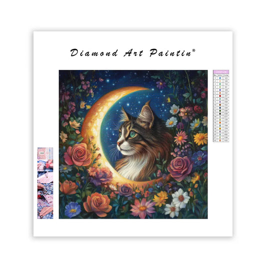Cat in the Moon with Flowers - Diamond Painting