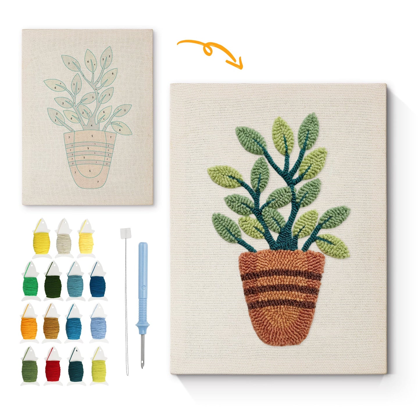 Potted Plant with Green Leaves - Punch Needle