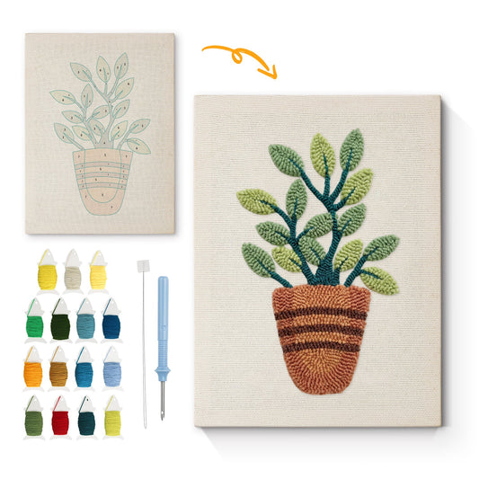 Potted Plant with Green Leaves - Punch Needle