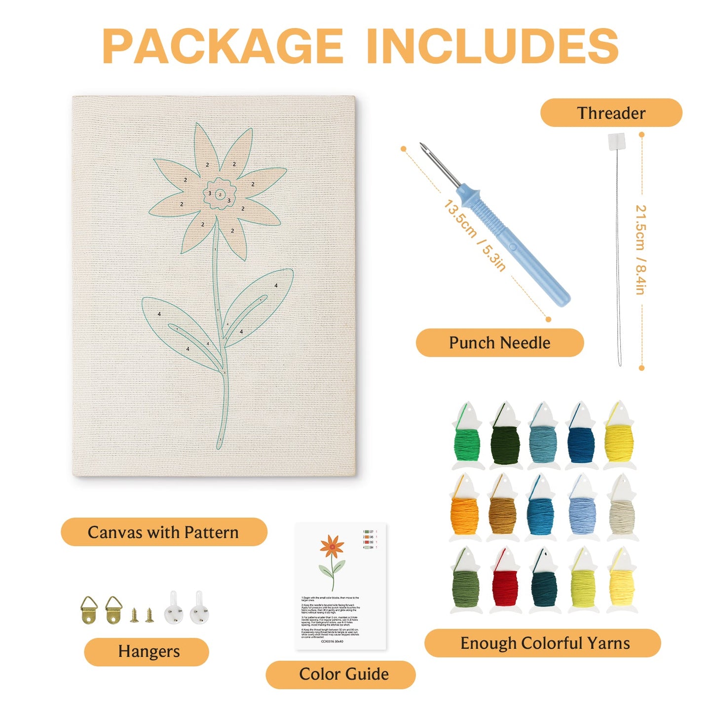Orange Flower with Green Leaves - Punch Needle