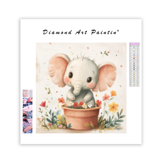 Happy Elephant in a Flower Pot - Diamond Painting