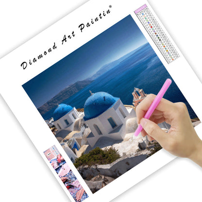 Santorini Blue Dome View - Diamond Painting