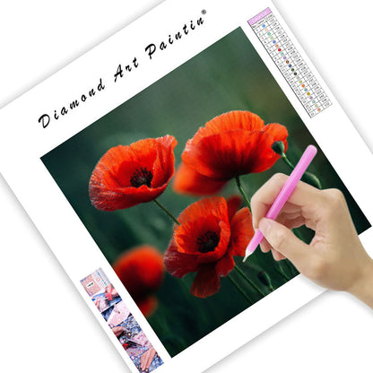 Red Poppies in Green Meadow - Diamond Painting