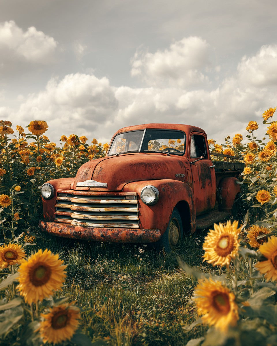 Vintage Truck Surrounded by Sunflowers - Diamond Painting