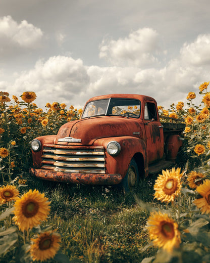 Vintage Truck Surrounded by Sunflowers - Diamond Painting