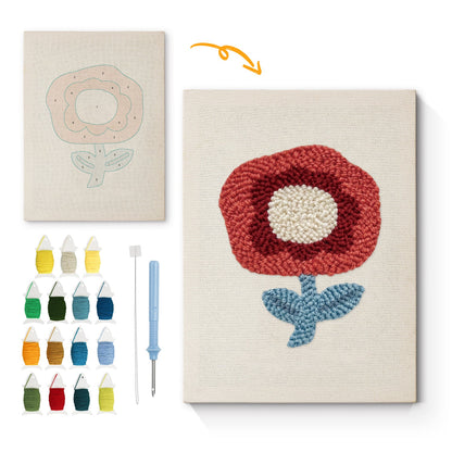 Red Flower with Blue Leaves - Punch Needle