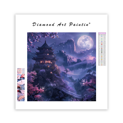 Purple Moonlit Pagoda Landscape - Diamond Painting