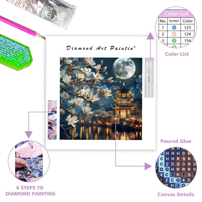 Magnolia Blossom under Moonlit Pagoda - Diamond Painting