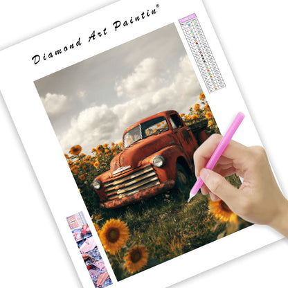 Vintage Truck Surrounded by Sunflowers - Diamond Painting