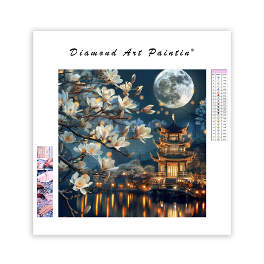 Magnolia Blossom under Moonlit Pagoda - Diamond Painting