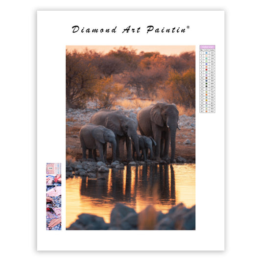 Elephant Family at the Waterhole - Diamond Painting