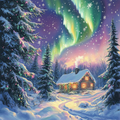 Northern Lights Christmas Cabin - Diamond Painting