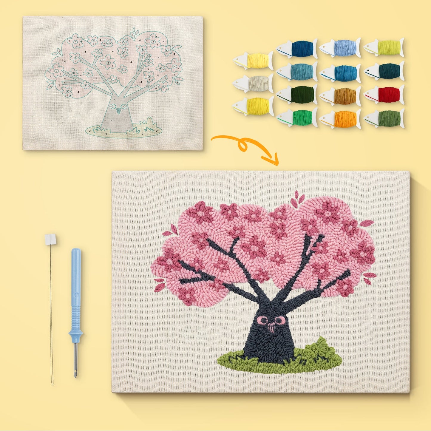 Cherry Blossom Tree with Owl - Punch Needle