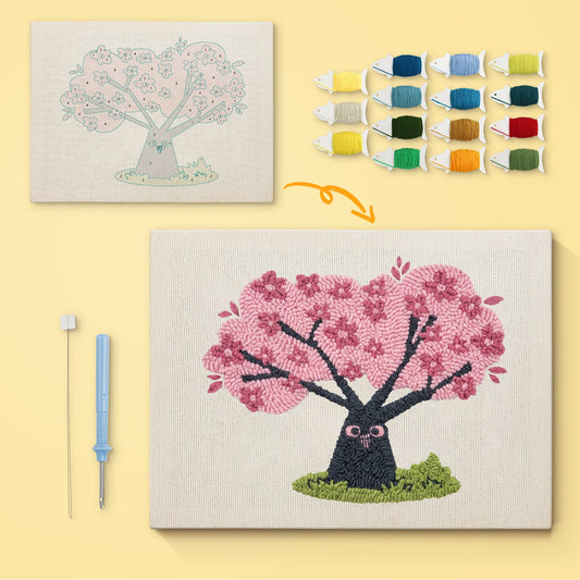 Cherry Blossom Tree with Owl - Punch Needle