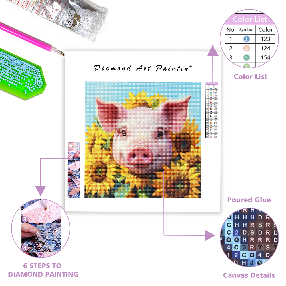 Pig in Sunflowers - Diamond Painting