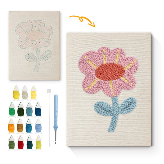 Pink Flower with Yellow Streaks - Punch Needle