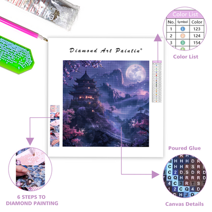 Purple Moonlit Pagoda Landscape - Diamond Painting