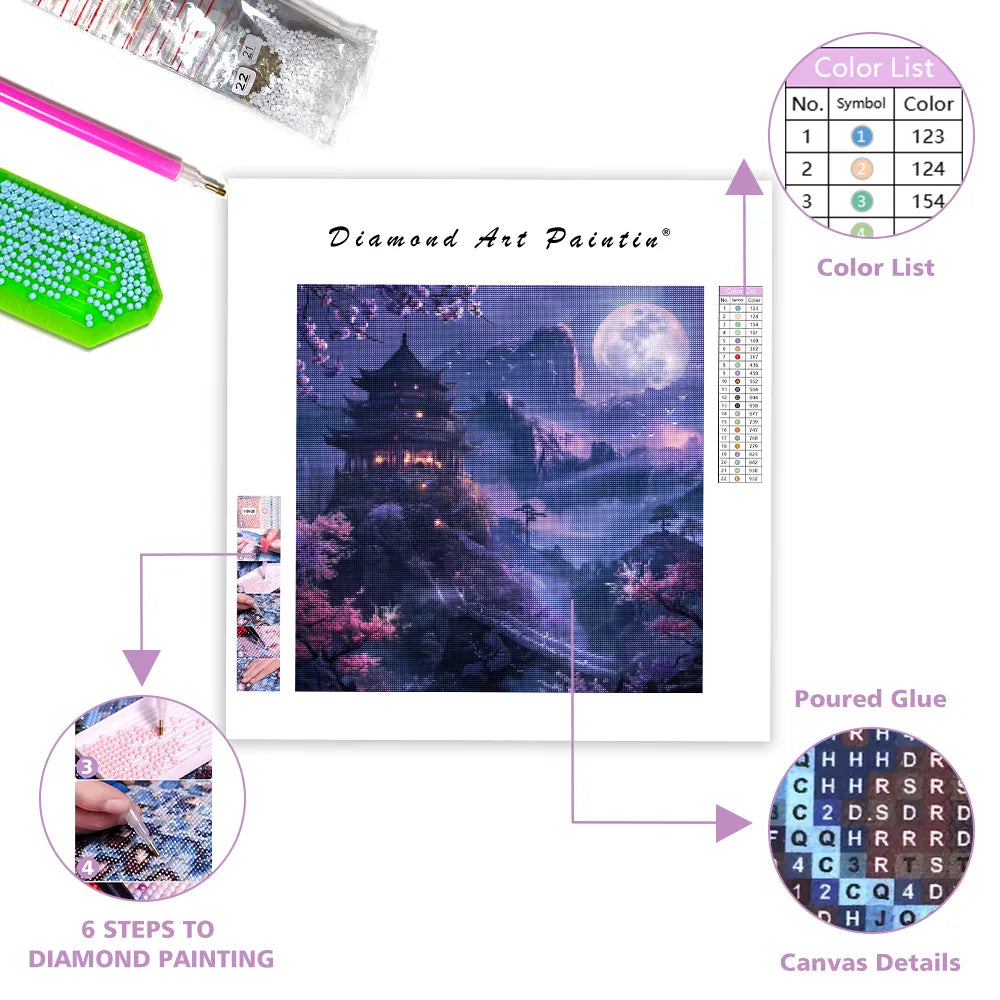Purple Moonlit Pagoda Landscape - Diamond Painting