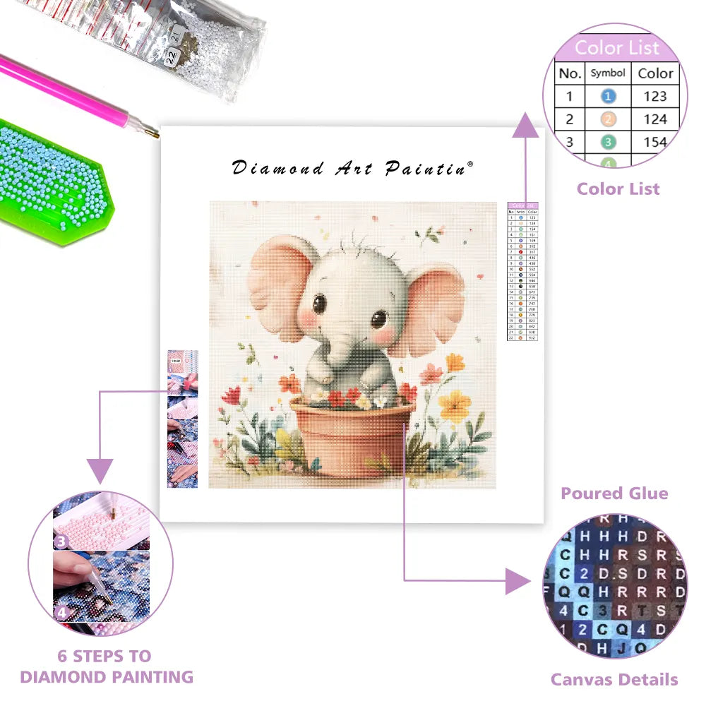 Happy Elephant in a Flower Pot - Diamond Painting