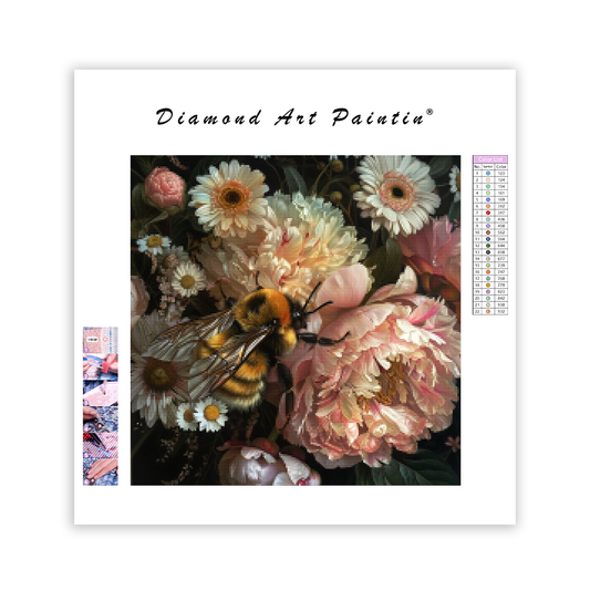 Golden Bee in Peony Garden - Diamond Painting