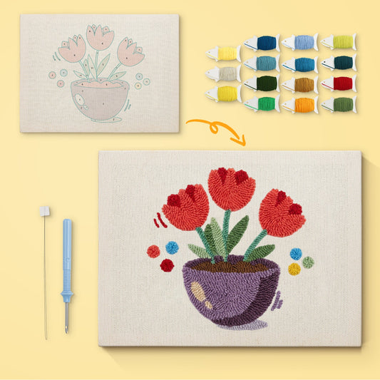 Vibrant Tulips in Pot - Punch Needle