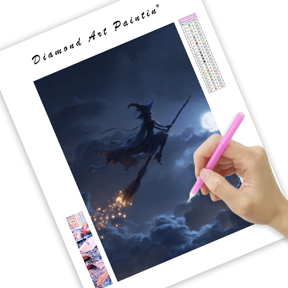 Moonlit Witch on a Broomstick - Diamond Painting