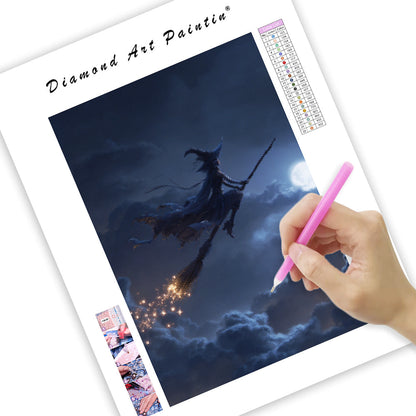 Moonlit Witch on a Broomstick - Diamond Painting